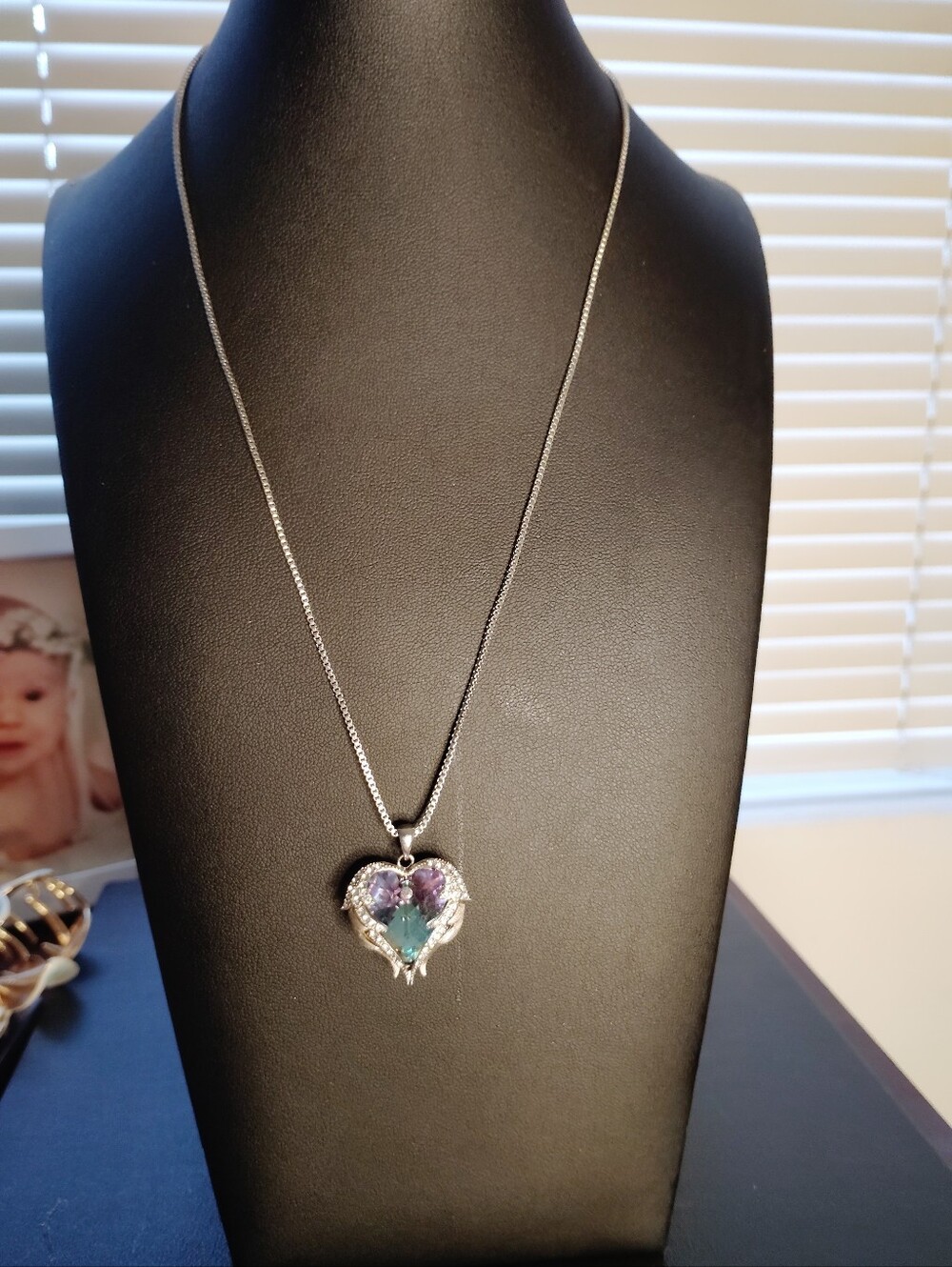 Sterling Silver Heart Pendant Necklace with Purple and Teal Stones